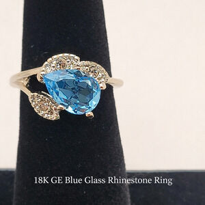 Vintage 18k Gold-plate Simulated Blue Topaz with Clear Rhinestones Ring